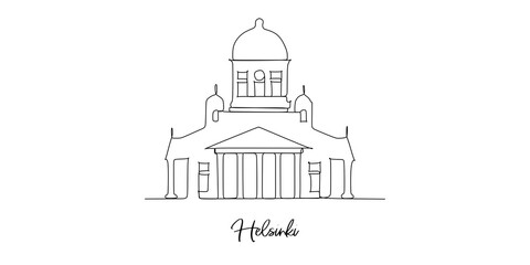 Famous landmark in Finnish capital: Senate Square with Lutheran cathedral. Continuous one line drawing