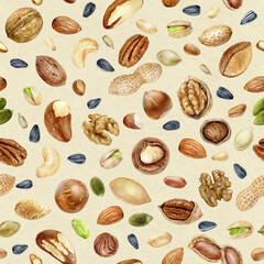 Watercolor seamless pattern nuts on a craft paper background.