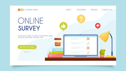 Online survey. Landing page concept. Flat design, vector illustration.