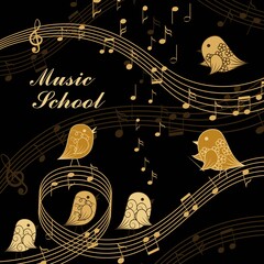 Vector illustration of singing birds and musical elements