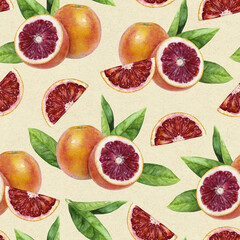 Watercolor seamless pattern blood orange on a craft paper background.