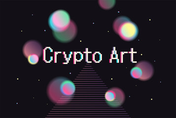 Crypto art. NFT token. Vector futuristic cryptography wallpaper. Retro wave, synthwave, rave, vapor, cyber punk. Blue, black, pink purple color. Trendy vintage 80s, 90s style. Print, poster, banner - obrazy, fototapety, plakaty