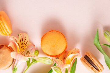 macaroons, beige, peach,  French cookies with flowers on a beige light background,
