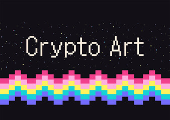 Crypto art. NFT token. Vector futuristic cryptography wallpaper. Retro wave, synthwave, rave, vapor, cyber punk. Blue, black, pink purple color. Trendy vintage 80s, 90s style. Print, poster, banner