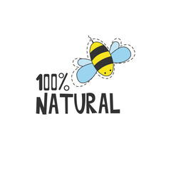 100% natural product. Bee icon isolated on white background. Beautiful bees life concept for printing, packaging, nectar, honey, textiles and other purposes. Vector illustration