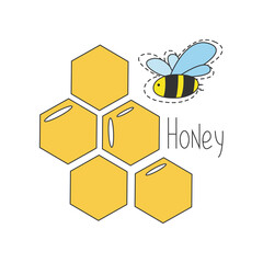 Bee and honeycomb with the inscription Honey isolated on a white background. Beautiful bee life concept for printing, packaging, nectar, honey, textiles and other purposes. Vector illustration