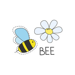 Cute cartoon bee with lettering and chamomile isolated on white background. Beautiful bees life concept for printing, packaging, nectar, honey, textiles and other purposes. Vector illustration