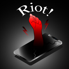 social problem, protests, red fist gets out of mobile phone, isometric protest