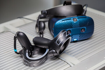 Virtual reality helmet. VR headset. 3D rendering with virtual reality glasses.