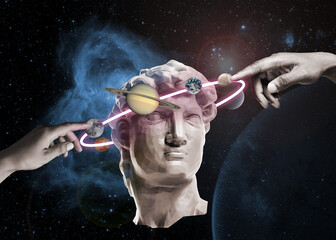 Modern design. Contemporary art collage. Concept of cosmos, outer space, imagination, inspiration