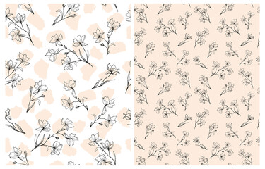 Hand Drawn Irregular Floral Vector Patterns with Black Sketched Blooming Tree Twigs Isolated on a White and Blush Pink Background. Garden Print with Falling Flowers Leaves ideal for Fabric, Textile.