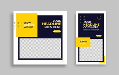 Set of Editable minimal square banner template. Blue yellow white background color with geometric shapes for social media post and web internet ads. Vector