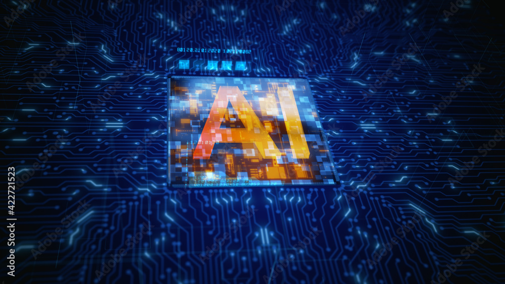 Aufkleber Circuit Board CPU Processor Microchip Starting Artificial Intelligence AI. Future Technology Concept Visualization. Big Data Transmission Connection and Cloud Computing Abstract Background.
