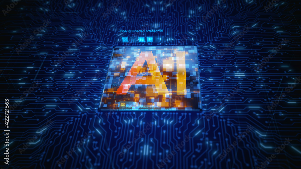 Aufkleber Circuit Board CPU Processor Microchip Starting Artificial Intelligence AI. Future Technology Concept Visualization. Big Data Transmission Connection and Cloud Computing Abstract Background.