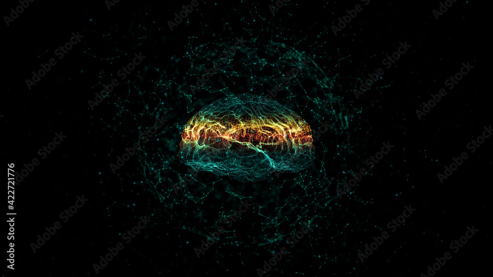 Poster artificial intelligence concept. brain over a circuit board. hud and technology connection data anal