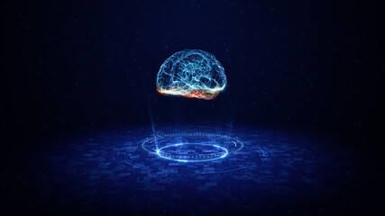 Artificial intelligence concept. Brain over circuit board. HUD and Future technology digital background
