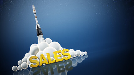 Sales text standing in front of a launching rocket. Business and success concept. 3D illustration © Destina