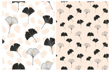 Hand Drawn Irregular Floral Vector Patterns with Black Sketched Ginkgo Biloba Leaves Isolated on a White and Blush Pink Background. Garden Print with Falling Ginkgo Leaves ideal for Fabric, Textile.