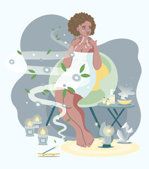 Obraz premium African-american woman gets self massage and Aromatherapy treatments. Wellness and Self care at home
