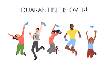 Crowd of young happy smiling multinational diverse people in jumping poses throwing up face masks. With text. Quarantine and pandemic of covid 19 is over. Back to normal. Isolated on white, vector