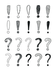 Vector collection on hand drawn question and exclamation marks isolated on white background, black doodles set, scribble lines, black and white illustration.
