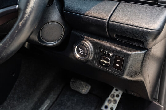 Close up engine car start button. Start stop engine modern new car button,Makes it easy to turn your auto mobile on and off. a key fob unique ,selective focus