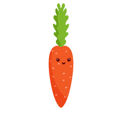 Carrot kawaii smiling character isolated on white background, cartoon artwork for kids clothes, poster, postcards, fabric prints. Vector illustration.