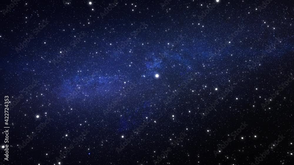 Poster flying through the stars and blue nebula in space. galaxy exploration through outer space towards gl