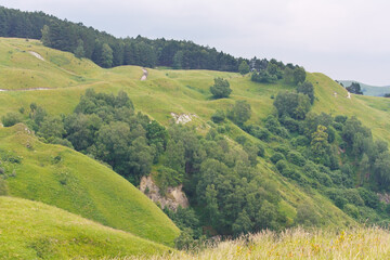 Landscape with slopes, meadows and forests in foothills of North Caucasus.