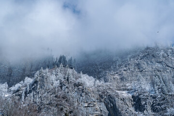 Fototapeta na wymiar Panoramic view of beautiful mountain landscape in the Swiss Alps. Winter landscape. Switzerland, Europe