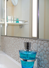 Modern design interiors inside bathroom with double vanity sink, glas shower, mirror, towels,...