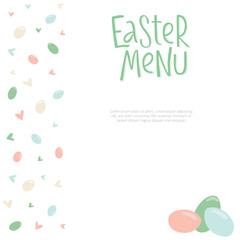 Happy Easter menu - minimalistic style with lettering sign and frame. Vector stock illustration isolated on white background for restaurant, kids menu, template for invitation. EPS10