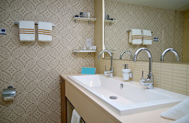 Modern design interiors inside bathroom with double vanity sink, glas shower, mirror, towels,...