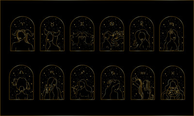 Female zodiac set vector illustration. Gold zodiac women signs on black background