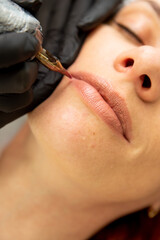 Cosmetologist applying permanent make up on lips in the beauty salon. Care and beauty concept