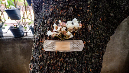 Band Aid on a tree with flowers - Wounds heal and flowers bloom