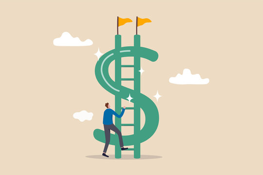 Money ladder to achieve financial independent goal, challenge to reach investment target or wealth planning strategy concept, businessman starting to climb up ladder to the top of money dollar sign.