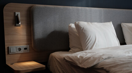 Fototapeta na wymiar Close-up fragment of bedroom with empty bedside table, reading lamp and a USB socket in modern interior​ design home or hotel. Soft pillow and blanket, stylish comfortable furniture. Sun shadows.