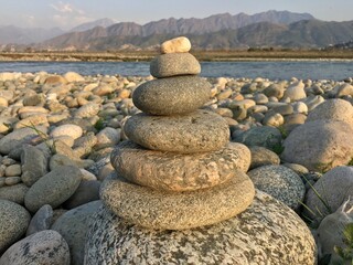 Stack of stones or stone piles. Balancing stone scenic view  landscape