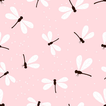 Seamless pattern with dragonfly cartoon and dotss on pink background vector illustration.