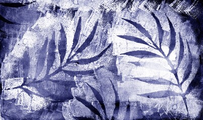 textured stencil twigs with leaves. White on a blue background. Brush masks, sponge, prints, stamps.