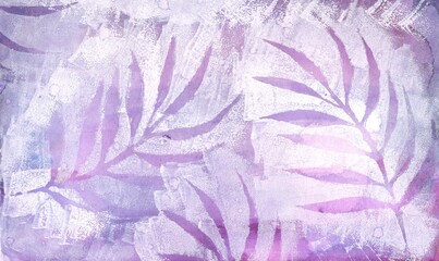 textured stencil twigs with leaves. White on a blue background. Brush masks, sponge, prints, stamps.