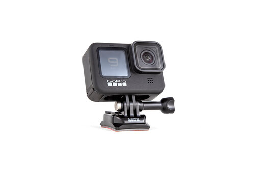 moscow, russia - Novemner 11, 2020: new flagship action camera gopro hero 9 black. side view, isolated white background