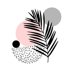 Modern vector illustration with tropical palm leaf, doodle textures, minimal elements