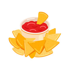 Nachos with sauce. Mexican traditional food. A plate of tortilla chips. Vector flat illustration isolated on white background.