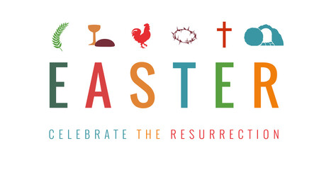 Easter card with christian symbols and text - celebrate resurrection. Easter Sunday, Holy Week banner with icons palm branch, bread and bowl, cock, crown of thorns, cross and tomb. Vector illustration