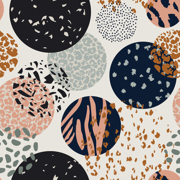 Circles background filled with hand drawn animal print textures.