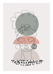 Black woman afro portrait with geometric shape, grunge doodle texture background.
