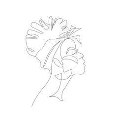 Black woman afro portrait. Female profile continuous line art.