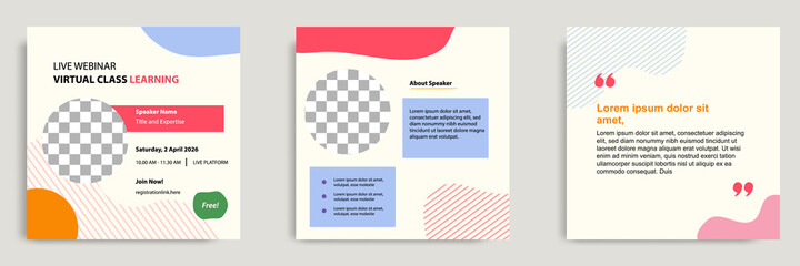 Set bundle collection colorful abstract background of social media post template. Layout for online live webinar, conference, training, seminar, course, and learning video.